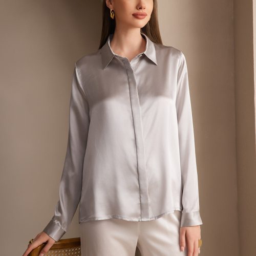 SilkSilky US 19Momme Silk Blend Long Sleeve Collar Women's Shirt LightGray 001