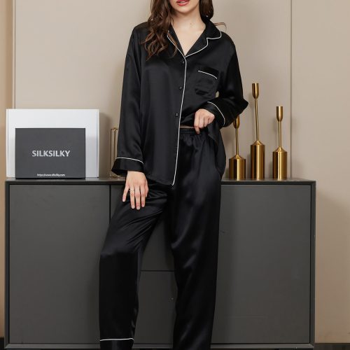 SilkSilky  Pure Silk Long Sleeve Lapel Women's Pajamas Black 001