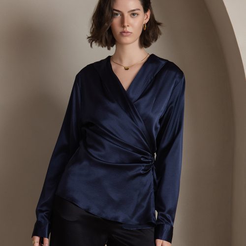 SilkSilky US 19Momme Silk Blend Long Sleeve V Neck Women's Shirt DarkBlue 001