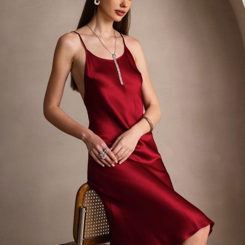 SilkSilky US Pure Silk Sleeveless Round Neck Dress Wine 001