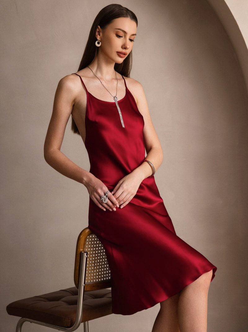 SilkSilky US Pure Silk Sleeveless Round Neck Dress Wine 001