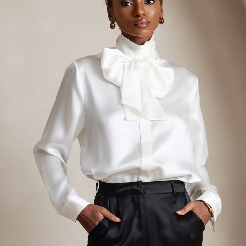 SilkSilky  19Momme Silk Blend Long Sleeve Tie Neck Women's Shirt White 001