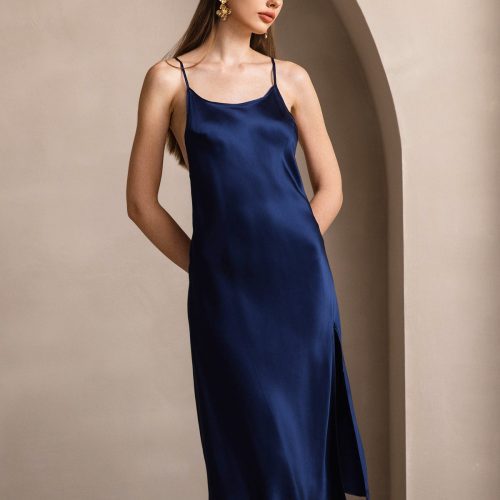 SilkSilky US Pure Silk Sleeveless Round Neck Dress DarkBlue 001