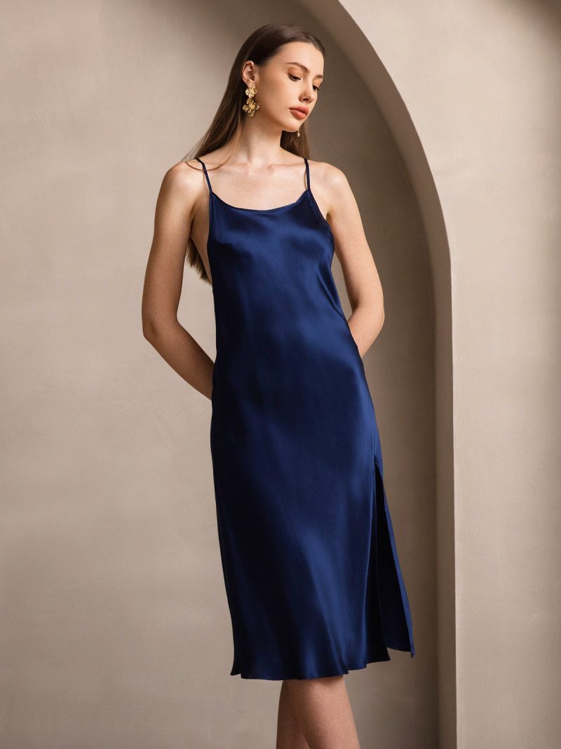 SilkSilky US Pure Silk Sleeveless Round Neck Dress DarkBlue 001