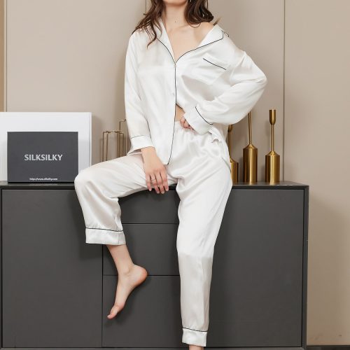 SilkSilky  Pure Silk Long Sleeve Lapel Women's Pajamas White 001