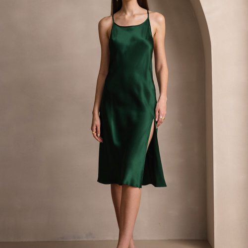 SilkSilky US Pure Silk Sleeveless Round Neck Dress DarkGreen 001