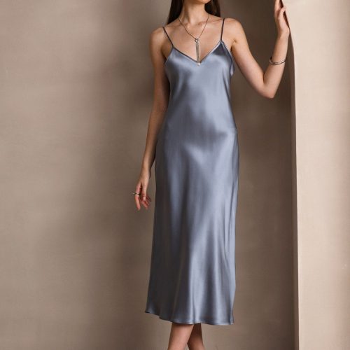 SilkSilky  Pure Silk Sleeveless Round Neck Dress GrayishBlue 001