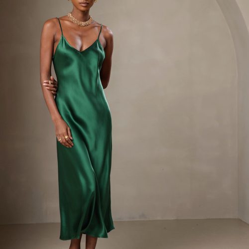 SilkSilky  Pure Silk Sleeveless Round Neck Dress Green 001