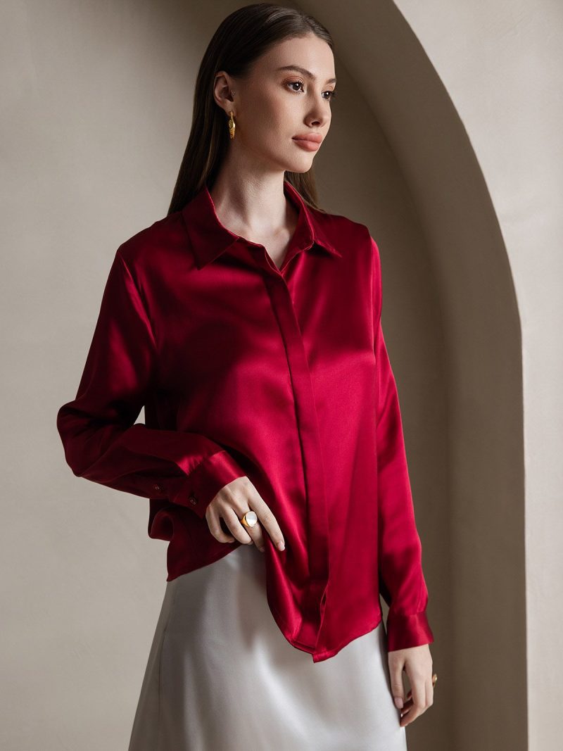 SilkSilky US 19Momme Silk Blend Long Sleeve Collar Women's Shirt Wine 001