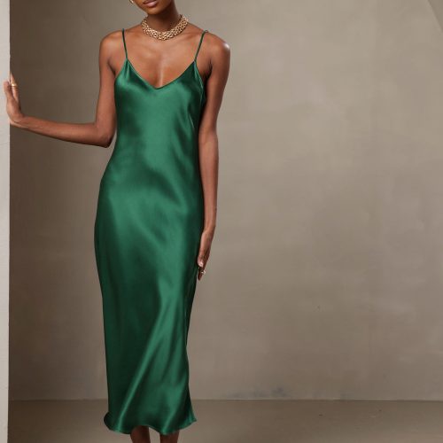 SilkSilky  Pure Silk Sleeveless Round Neck Dress Green 001