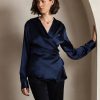 SilkSilky US 19Momme Silk Blend Long Sleeve V Neck Women's Shirt DarkBlue 001