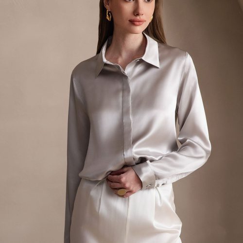 SilkSilky US 19Momme Silk Blend Long Sleeve Collar Women's Shirt LightGray 001