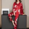 SilkSilky  19Momme Pure Silk Long Sleeve Lapel Women's Pajamas DarkRed 001