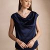 SilkSilky US 19Momme Silk Blend Sleeveless Cowl Neck Women's T Shirt DarkBlue 001