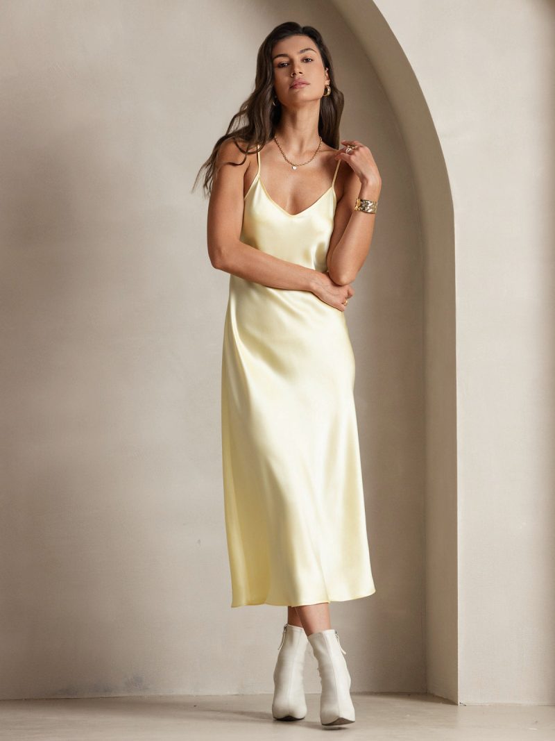 SilkSilky  Pure Silk Sleeveless Round Neck Dress Yellow 001