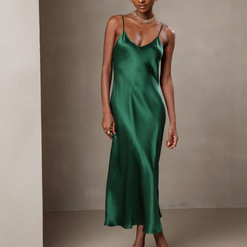 SilkSilky  Pure Silk Sleeveless Round Neck Dress Green 001