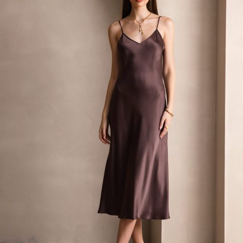 SilkSilky  Pure Silk Sleeveless Round Neck Dress Coffee 001