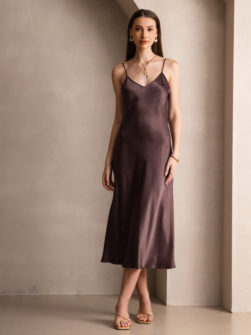 SilkSilky  Pure Silk Sleeveless Round Neck Dress Coffee 001