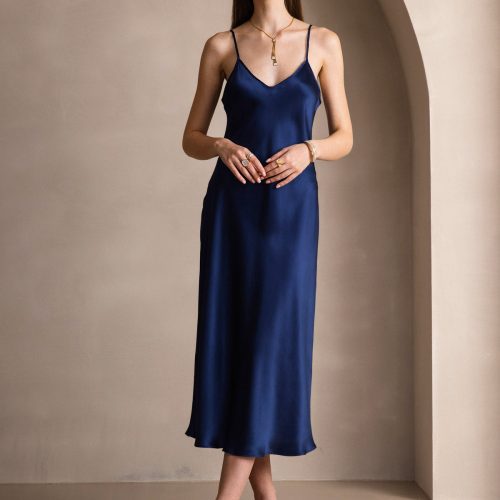 SilkSilky  Pure Silk Sleeveless Round Neck Dress DarkBlue 001