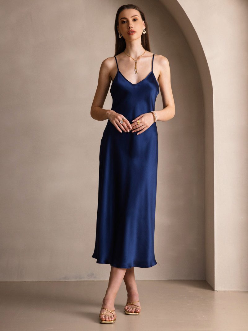 SilkSilky  Pure Silk Sleeveless Round Neck Dress DarkBlue 001