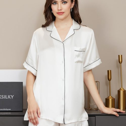 SilkSilky  Pure Silk Short Sleeve Lapel Women's Pajamas White 001