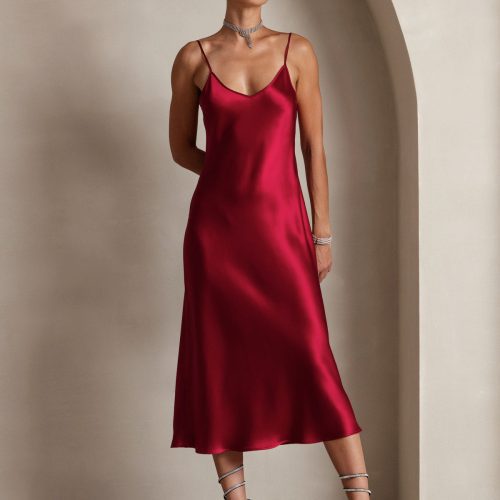 SilkSilky  Pure Silk Sleeveless Round Neck Dress Wine 001