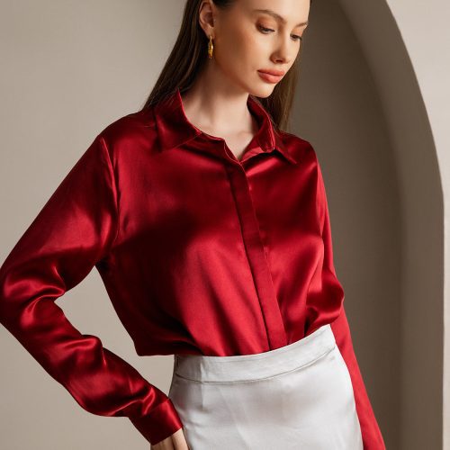 SilkSilky US 19Momme Silk Blend Long Sleeve Collar Women's Shirt Wine 001