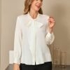 SilkSilky  19Momme Silk Blend Long Sleeve Tie Neck Women's Shirt White 001