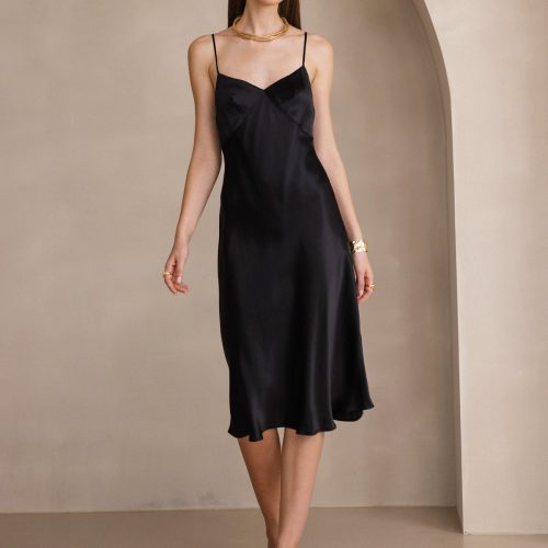 SilkSilky US 19Momme Pure Silk Sleeveless V Neck Dress Black 001