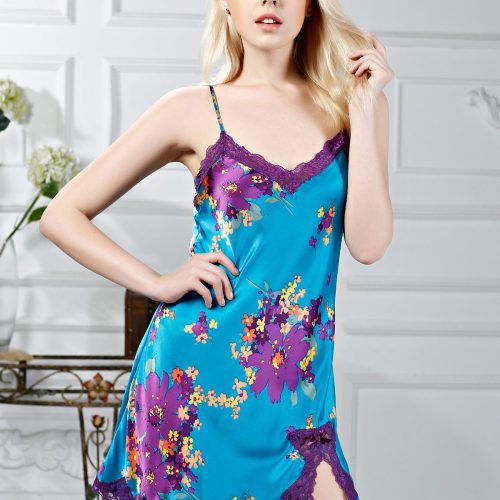 SilkSilky US Pure Silk Sleeveless V Neck Nightgown Blue 001