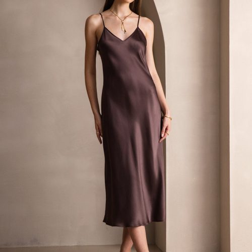 SilkSilky  Pure Silk Sleeveless Round Neck Dress Coffee 001