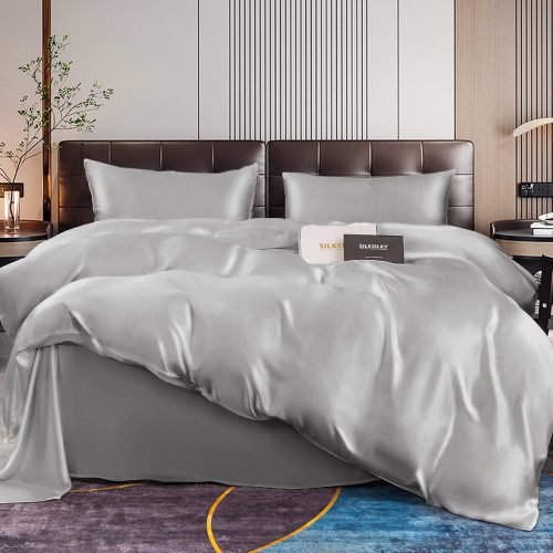 SilkSilky US 22Momme Pure Silk Bedding Set Silver 001