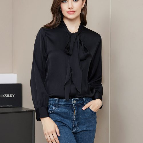 SilkSilky  19Momme Silk Blend Long Sleeve Tie Neck Women's Shirt Black 001