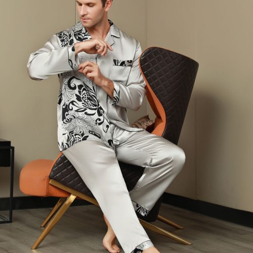 SilkSilky US Pure Silk Long Sleeve Lapel Men's Pajamas Gray 001