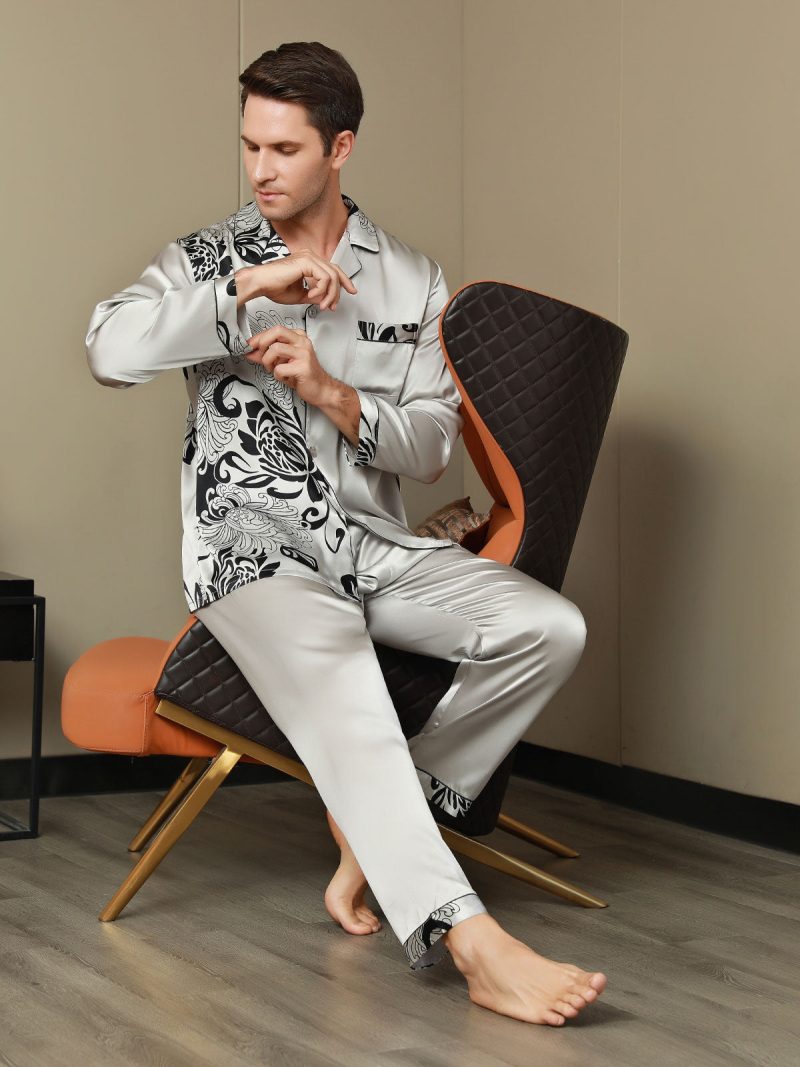 SilkSilky US Pure Silk Long Sleeve Lapel Men's Pajamas Gray 001