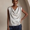 SilkSilky US 19Momme Silk Blend Sleeveless Cowl Neck Women's T Shirt LightGray 001