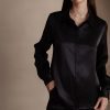 SilkSilky US 19Momme Silk Blend Long Sleeve Collar Women's Shirt Black 001