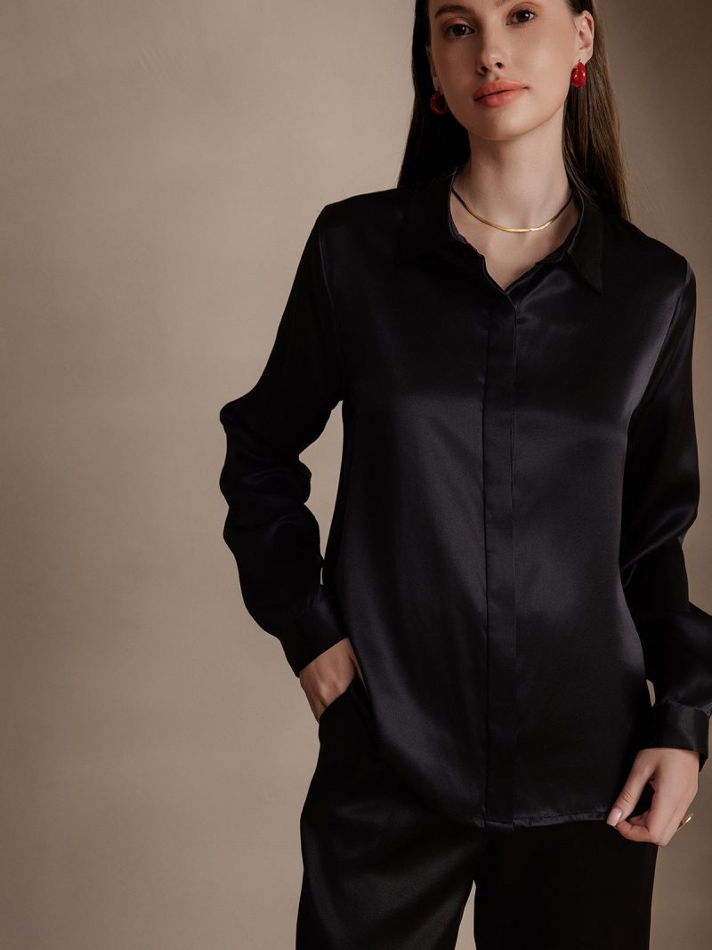 SilkSilky US 19Momme Silk Blend Long Sleeve Collar Women's Shirt Black 001