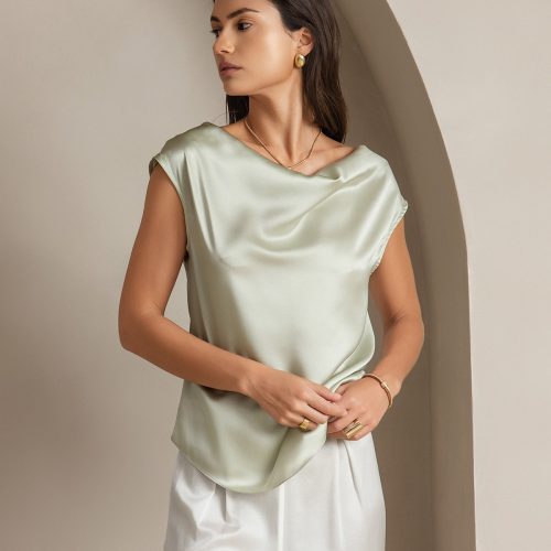 SilkSilky US 19Momme Silk Blend Sleeveless Cowl Neck Women's T Shirt LightGreen 001