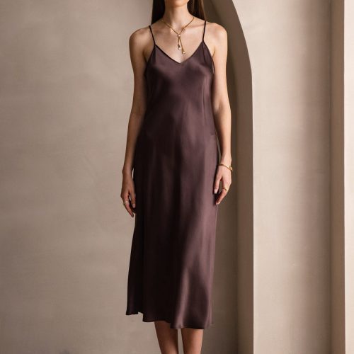 SilkSilky  Pure Silk Sleeveless Round Neck Dress Coffee 001