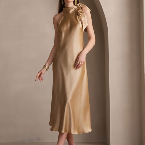 SilkSilky US 19Momme Silk Blend Sleeveless Tie Neck Dress Champagne 001