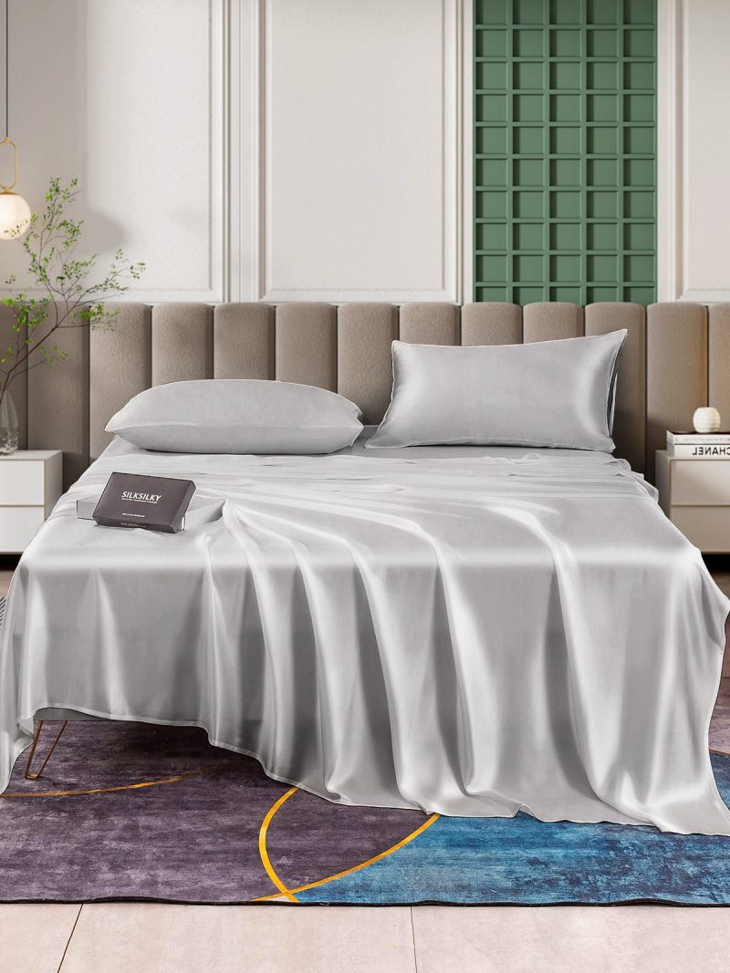 SilkSilky US 25Momme Pure Silk Bedding Set Silver 001