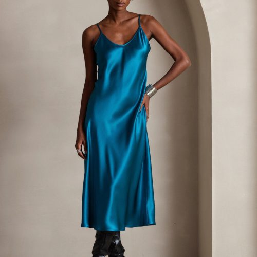 SilkSilky  Pure Silk Sleeveless Round Neck Dress Teal 001