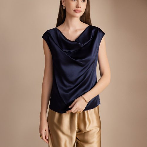 SilkSilky US 19Momme Silk Blend Sleeveless Cowl Neck Women's T Shirt DarkBlue 001