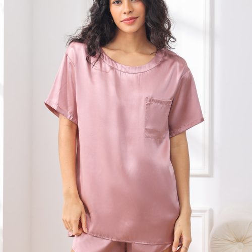 SilkSilky  Pure Silk Short Sleeve Round Neck Women's Pajamas PaleMauve 001