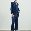 SilkSilky  Pure Silk Long Sleeve Lapel Women's Pajamas DarkBlue 001