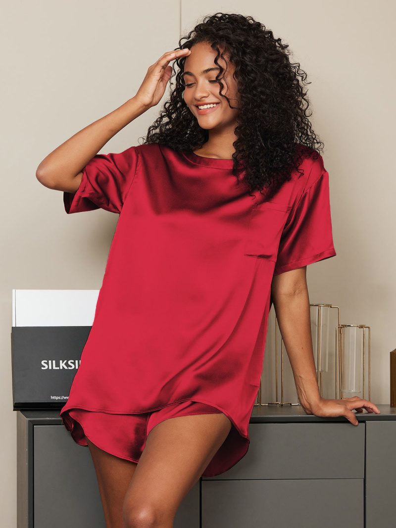 SilkSilky  Pure Silk Short Sleeve Round Neck Women's Pajamas Wine 001