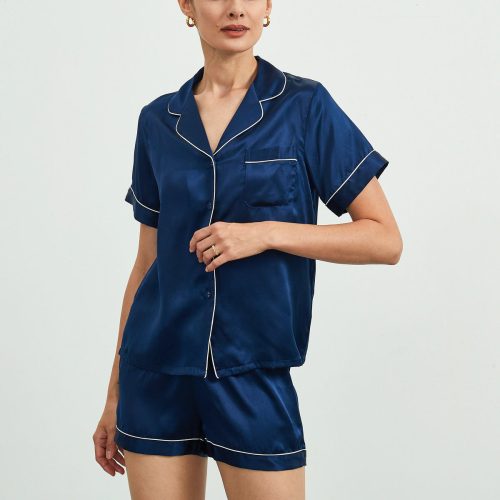 SilkSilky  22Momme Pure Silk Short Sleeve Lapel Women's Pajamas DarkBlue 001