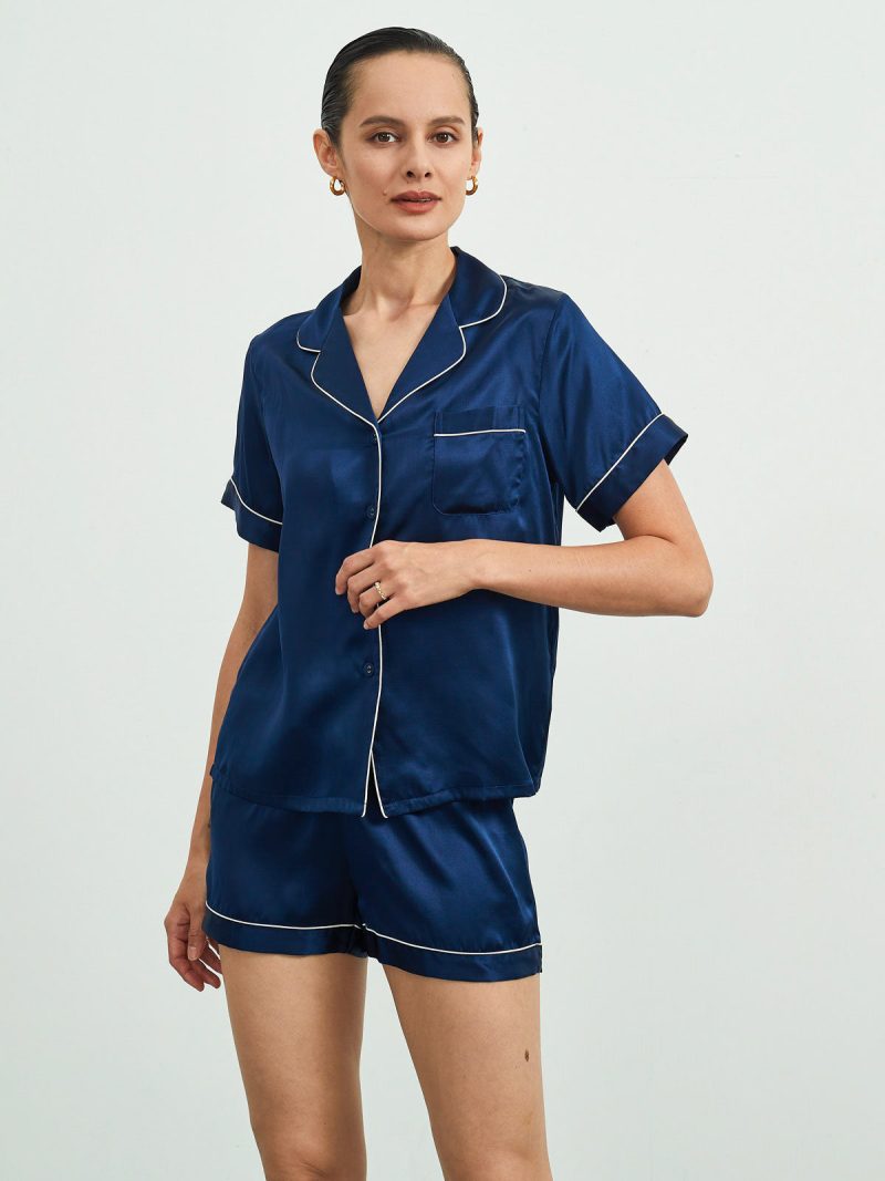 SilkSilky  22Momme Pure Silk Short Sleeve Lapel Women's Pajamas DarkBlue 001