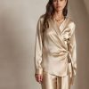 SilkSilky US 19Momme Silk Blend Long Sleeve V Neck Women's Shirt Champagne 001